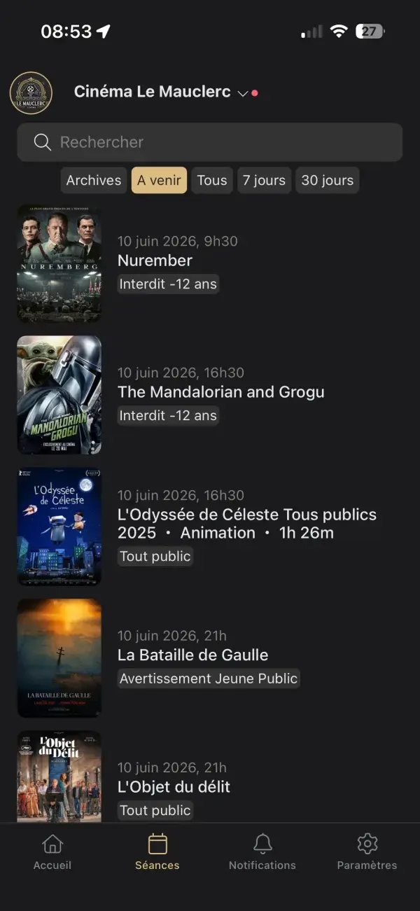 Liste des séances de l’appli cinéma avec affiches et classifications